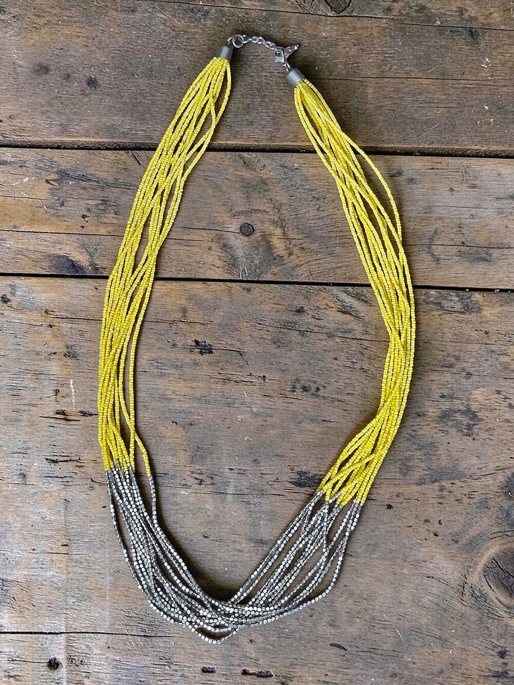 Yellow Silver Seed Bead Layered Statement Long 38" Necklace